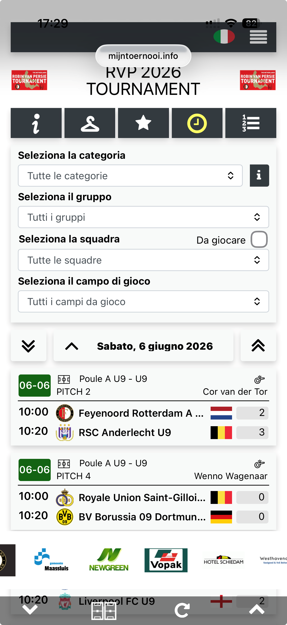 Pagina visitatori mobile con calendario partite, filtro squadre e classifiche